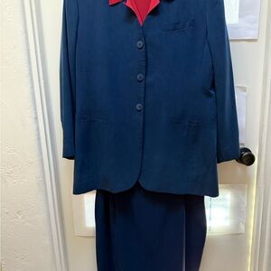 New Navy Blue Silk Blazer&Skirt Set with Matching Silk Red Blouse. Size 16.